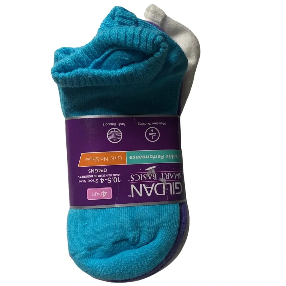Gildan Smart Basics Girls Four pair no show socks Turquoise Purple and White
